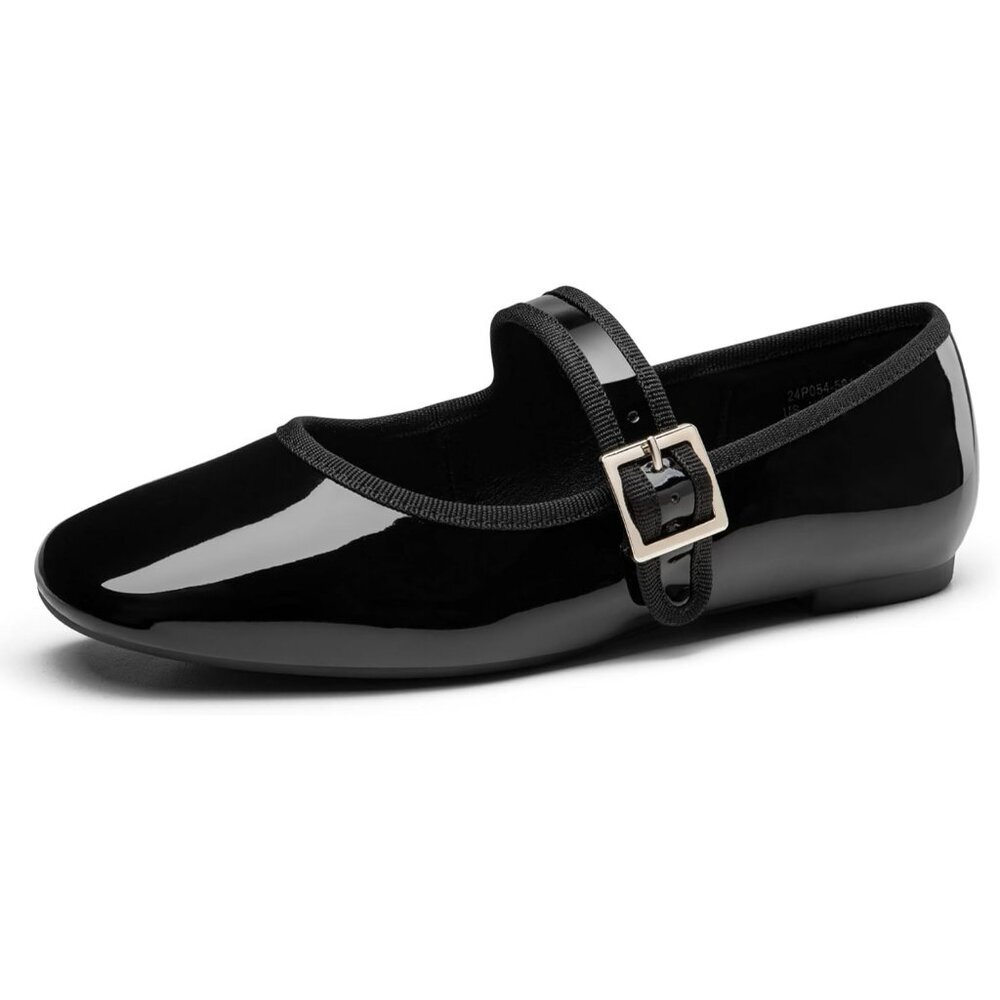 Trary Women's Black Polyurethane Square Toe Buckle Strap Ballet Mary Jane Shoes